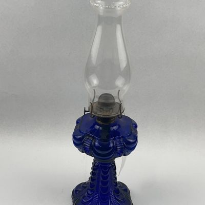 Sale Photo Thumbnail #385: Cobalt Blue Princess Feather Pressed Glass Kerosene Stand Lamp