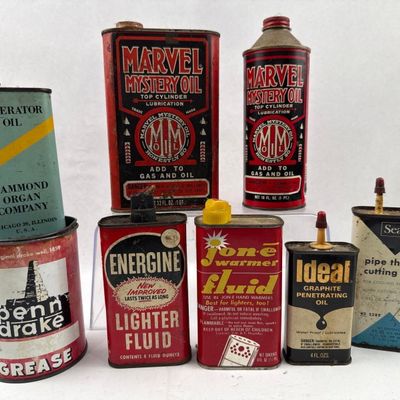 Sale Photo Thumbnail #537: Set 8 Vtg Marvel, Sears & Energine Tins