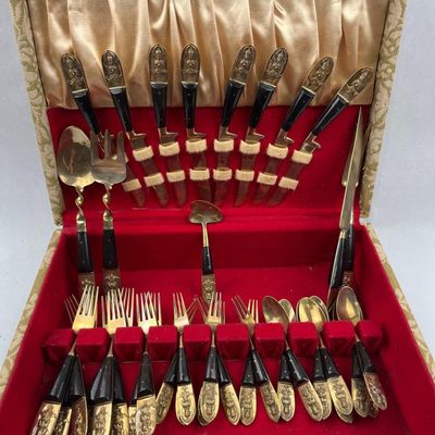 Sale Photo Thumbnail #130: A Set of Thai Brass and Wood Flatware