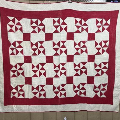 Sale Photo Thumbnail #427: 19th/20th C. Red & White Pinwheel Quilt