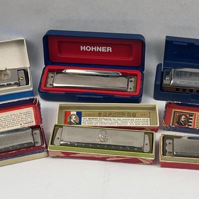 Sale Photo Thumbnail #364: Set 6 Hohner Diatonic Harmonicas w/ Box