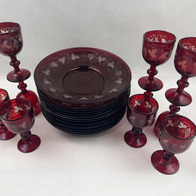 Sale Photo Thumbnail #452: Etched Grape Ruby Glass Goblet & Plate
