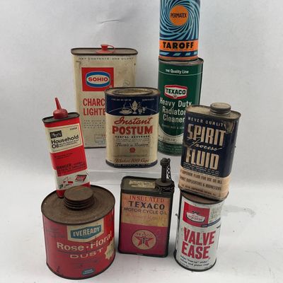 Sale Photo Thumbnail #558: 9 Vtg Auto & Household Advertising Tins