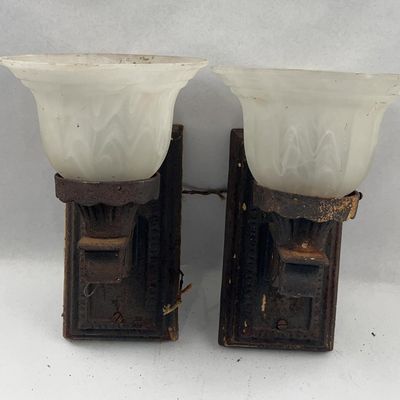 Sale Photo Thumbnail #487: Pair Arts & Crafts Iron & Glass Sconces