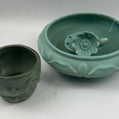 Sale Photo Thumbnail #410: Pair Turquoise Crackle Pottery Vessels