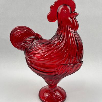 Sale Photo Thumbnail #335: Ruby Pressed Glass Rooster Candy Dish