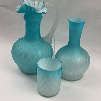 Sale Photo Thumbnail #185: Fenton Blue Satin Diamond Optic Vessels