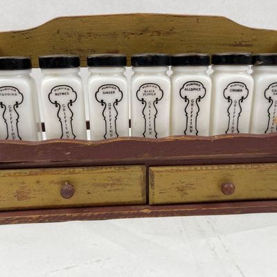 Sale Photo Thumbnail #296: Griffiths' Milk Glass Spice Jars & Rack