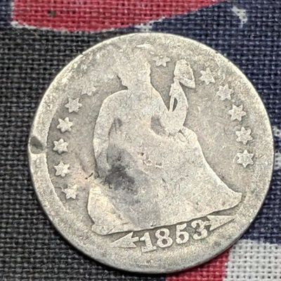Sale Photo Thumbnail #419: AG - 1853 Seated Liberty 90% Silver Dime w/ Minor Damage