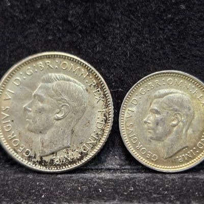 Sale Photo Thumbnail #309: 1943-D Australia Threepence & 1943-D Australia Sixpence - Both 92.5% Silver -  3 Pence 1.41g & 6 Pence 2.82g