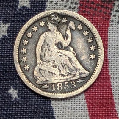 Sale Photo Thumbnail #91: 1853 Seated Liberty Half-Dime - Great Detail!! Bent