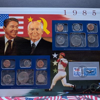 Sale Photo Thumbnail #389: 1985 P&D U.S. Mint Uncirculated Set w/ Historic Stamps