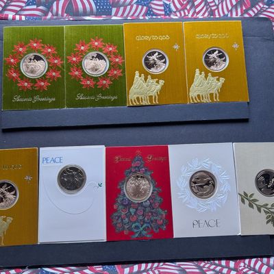 Sale Photo Thumbnail #308: (9) Assorted Holiday Greeting Cards with Vintage Commem Bronze Medals