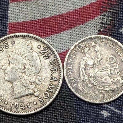 Sale Photo Thumbnail #324: 1944 Dominican Republic 10 Silver Centavos, 90% Silver 2.5g  & 1914 Peru 1/2 Silver Dinero, 90% Silver 1.25g