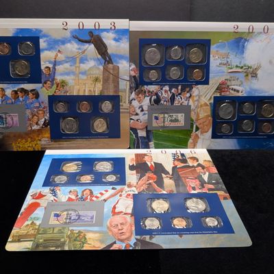 2003, 2005 & 2006-P&D U.S. Mint UNC Sets in Display w/ Commem Stamps - No Quarters