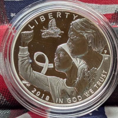 Sale Photo Thumbnail #388: 2018-P PROOF Breast Cancer Awareness Commem 90% Silver Dollar in Government Capsule