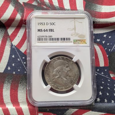 Sale Photo Thumbnail #359: 1953-D Franklin 90% Silver Half Dollar - NGC MS64 FBL