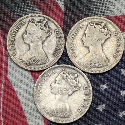 Sale Photo Thumbnail #134: 1897, 1895 & 1900 Hong Kong 10 Silver Cents - 80% Silver, 2.7 Grams Each