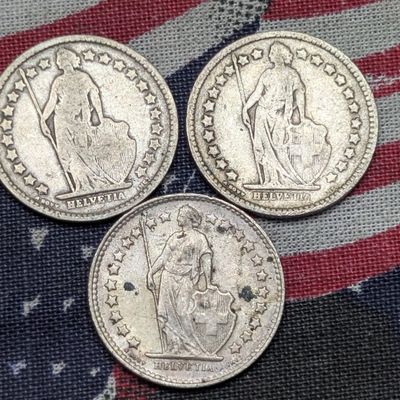 Sale Photo Thumbnail #84: 1921, 1951 & 1906 Switzerland 1/2 Silver Francs - 83.5% Silver, 2.5 Grams Each