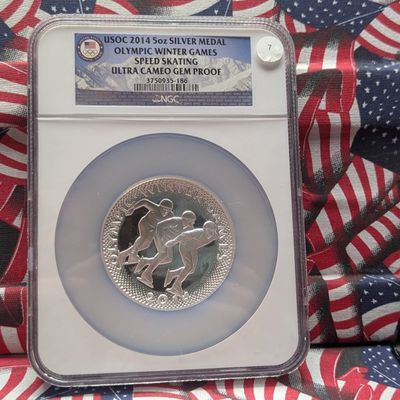 2014 Winter Olympic Speed Skating Commemorative 5 oz .999 Fine Silver Coin - NGC Ultra Cameo Gem Proof