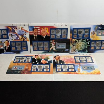 Sale Photo Thumbnail #236: 1984-1988 P&D U.S. Mint UNC Sets in Display w/ Commem Stamps (5 Sets)