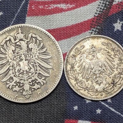Sale Photo Thumbnail #366: 1906-D Germany 1/2 90% Silver Mark & 1875-C Germany 1 90% Silver Mark
