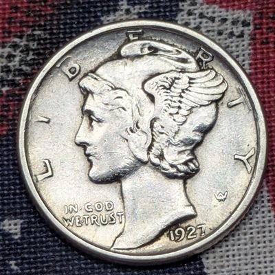 1927-D Mercury 90% Silver Dime - AU