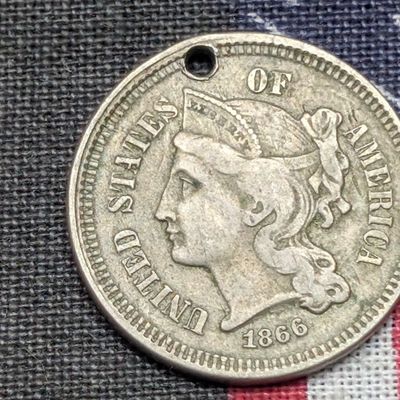 Sale Photo Thumbnail #336: 1866 Three Cent Nickel (Holed) - FINE