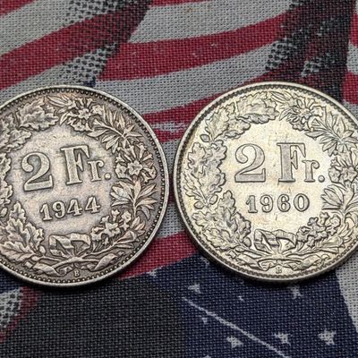 Sale Photo Thumbnail #49: 1944-B & 1960-B Switzerland 2 Silver Francs - 83.5% Silver, 10 Grams Each