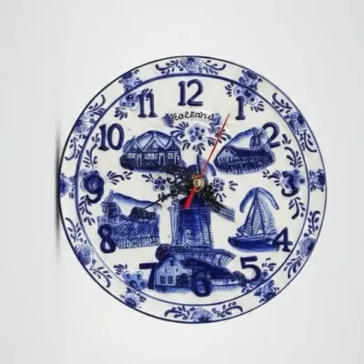 Delft Blue Style Ceramic Wall Clock with Windmill and Sailboat Scenes 