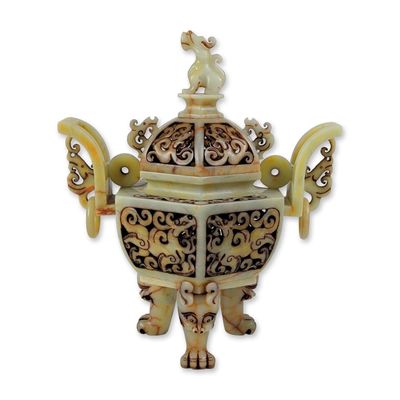 Sale Photo Thumbnail #11: Chinese Archaic Style Carved Pale Celadon Hardstone Covered Censer