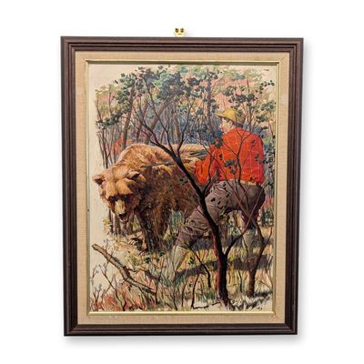 Sale Photo Thumbnail #357: In the style of Philip R. Goodwin (American 1881-1935) Oil on Board, Hunter and Grizzly, Signed