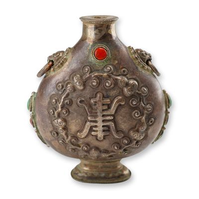 Sale Photo Thumbnail #546: Mongolian Silver Repousse Snuff Bottle, Shou Symbol, Lion Handles