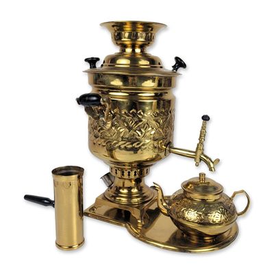 Sale Photo Thumbnail #46: Ornate Middle Eastern Embossed Brass Samovar Service Set
