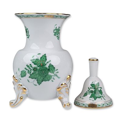 Sale Photo Thumbnail #31: 2pc Herend Hungary Apponyi Green Porcelain Footed Vase and Hand Bell