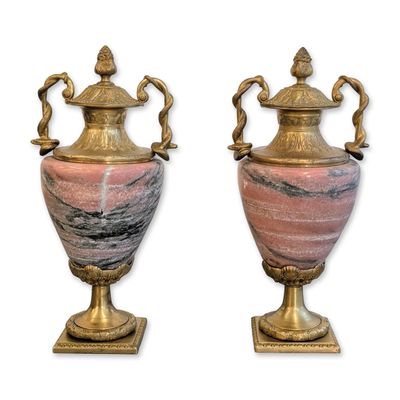 Sale Photo Thumbnail #8: Pair of Louis XVI Style Monumental Marble and Gilt Metal Urns