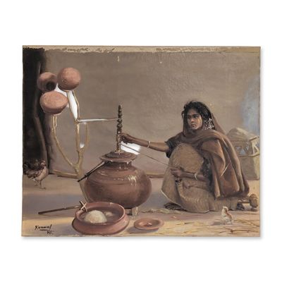 Sale Photo Thumbnail #50: Kanwal Krishna (Indian, 1910-1993) Oil on Canvas, Woman Churning Curd, Signed & Dated
