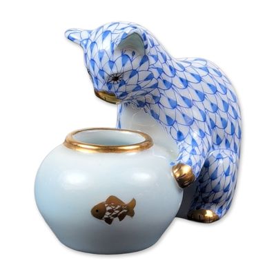 Sale Photo Thumbnail #277: Herend Porcelain Blue Figurine, Cat with Aquarium 15710