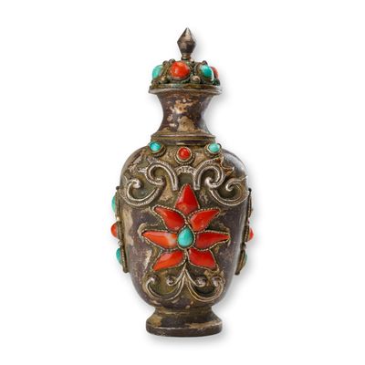 Sale Photo Thumbnail #547: Mongolian Silver Snuff Bottle, Red Lotus Flower