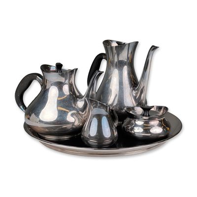 Sale Photo Thumbnail #334: 5pc Cohr Denmark Silver-Plated Tea and Coffee Service Set with Gorham Silver-Plated Tray