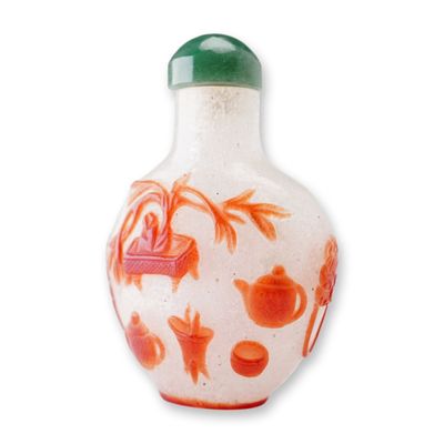 Sale Photo Thumbnail #258: Peking Glass Snuff Bottle, Brown Overlay Flowers in Vase and Scholars Items