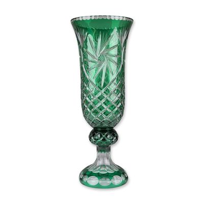 Sale Photo Thumbnail #16: Large Emerald Green Cut to Clear Crystal Pedestal Vase