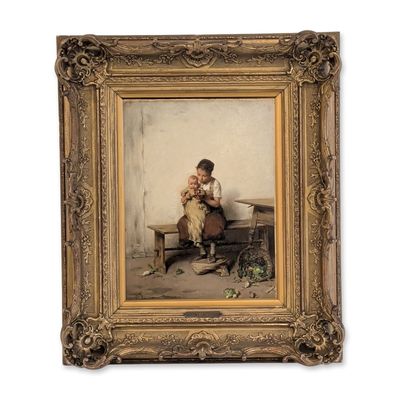 Sale Photo Thumbnail #48: Gustav Laeverenz (German, 1851-1904), Oil on Wood Panel, Siblings with Toys, Signed