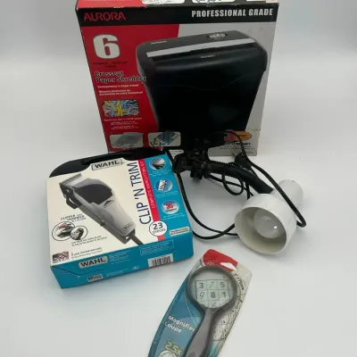 Aurora Paper Shredder, Wahl Clip N Trim Haircut Kit,Maped Magnifier and Clip On Lamp 