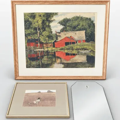 Gene Pelham & Andrew Wyeth Framed Prints with Vintage Beveled Mirror