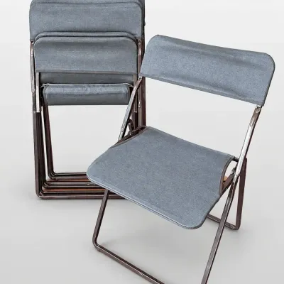 Metal Folding Chairs with Charcoal Gray Fabric Upholstery and Brown Steel Frames
