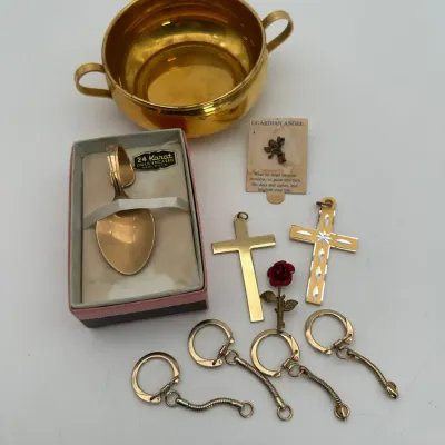 24K Gold Encased Spoon, Metal Bowl, Cross Pendants & Guardian Angel Pin Set