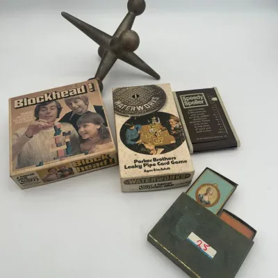 Vintage Parker Brothers Board Games, Speedy Speller, Metal Jack Sculpture & Antique Portrait Box