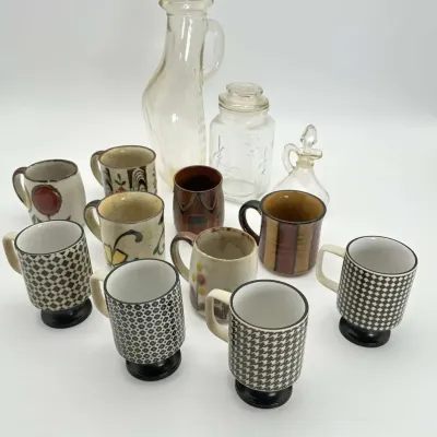 Ceramic Mugs and Clear Glass Bottles Collection