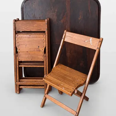 Antique Style Wooden Folding Card Table & Slatted Folding Chairs